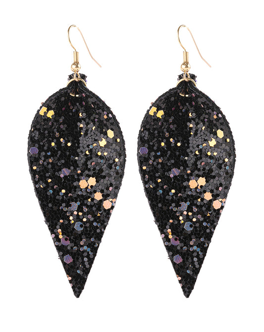 Black Pinched Se2uin Leather Drop Earrings