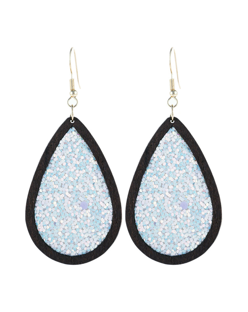 SeQuin Glitter Wood Teardrop Hook Earrings White