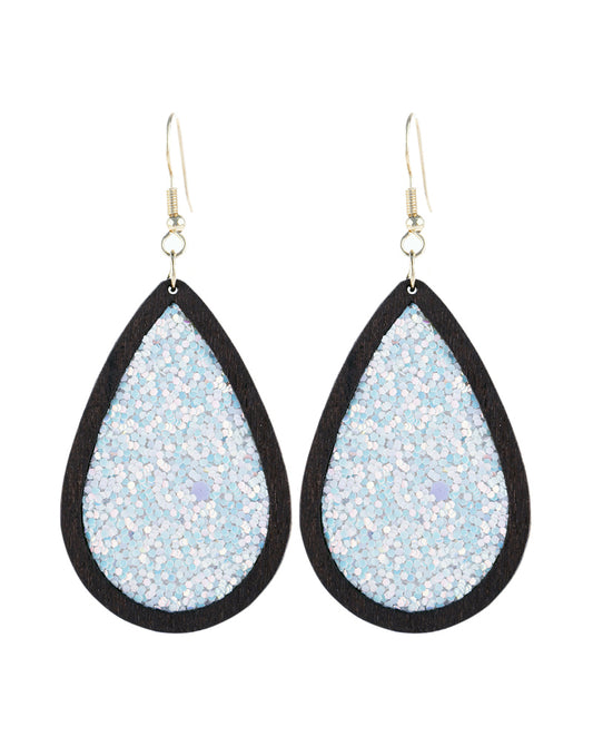 SeQuin Glitter Wood Teardrop Hook Earrings White