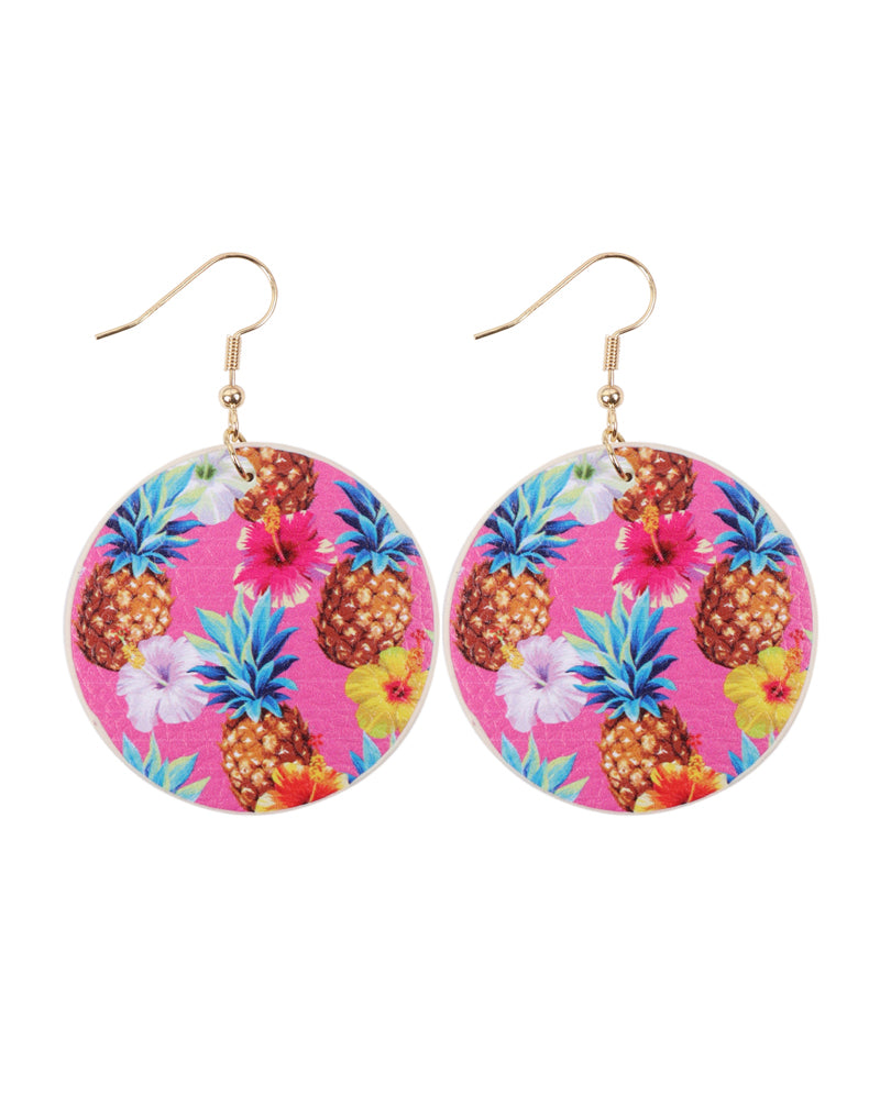 Tropical Pineapple Print Circle Drop Earrings