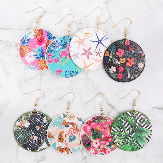 Tropical Pineapple Print Circle Drop Earrings