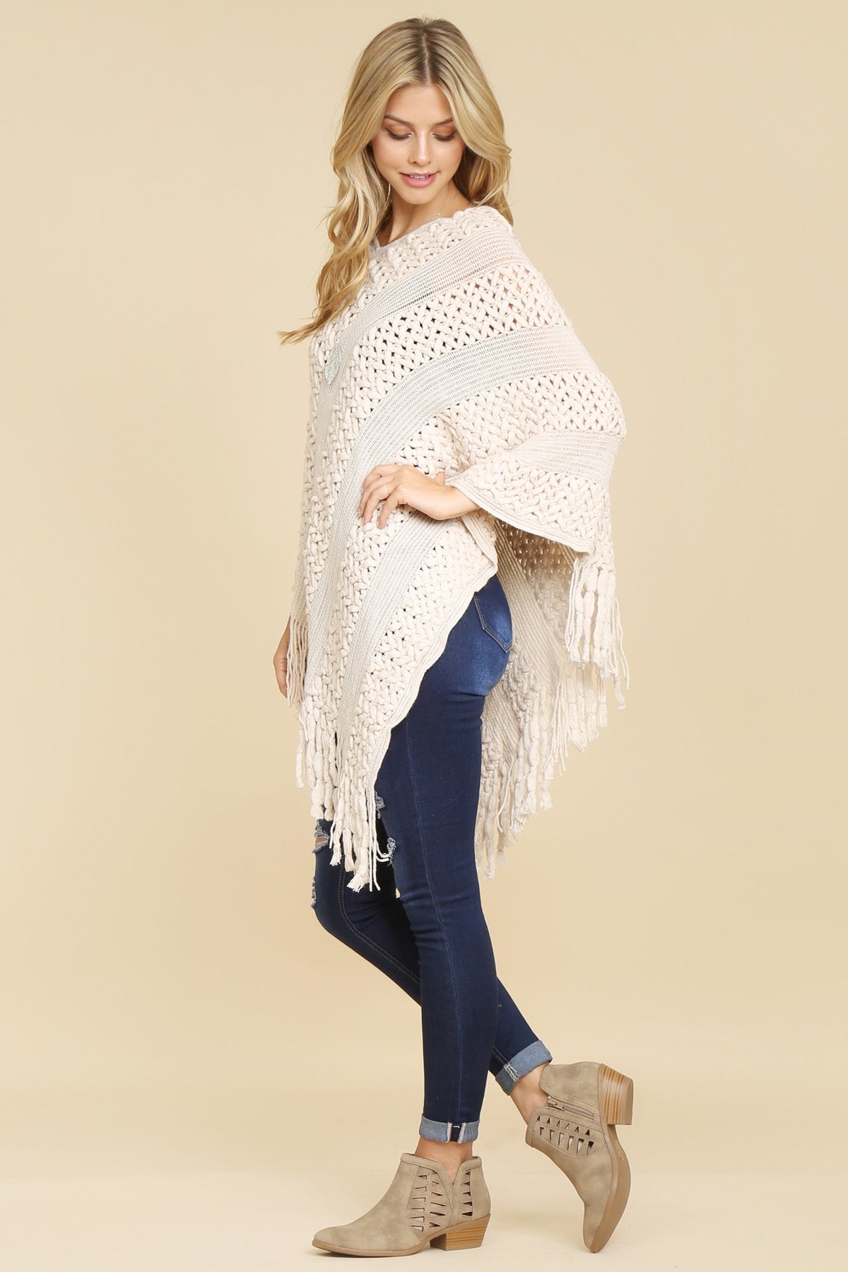Beige Classic Fringe Poncho