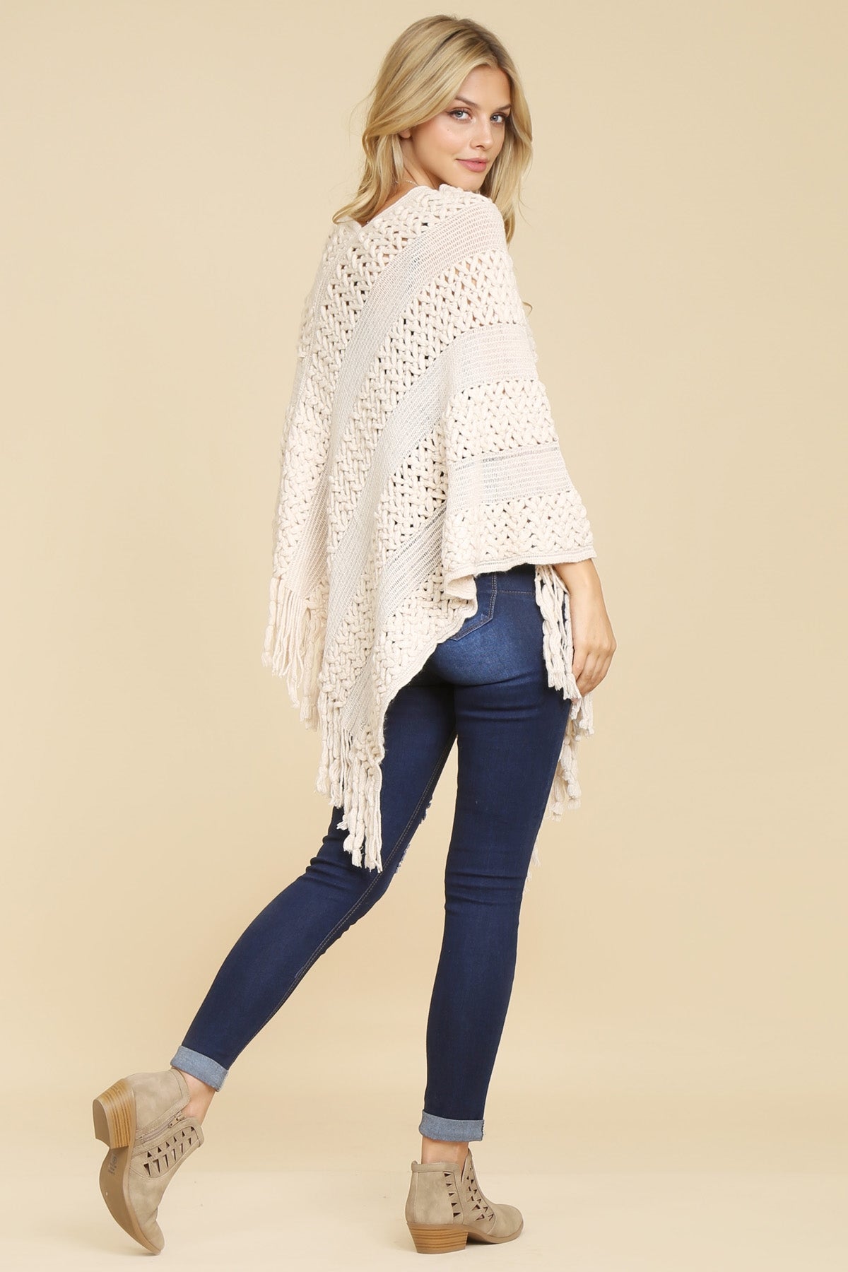 Beige Classic Fringe Poncho