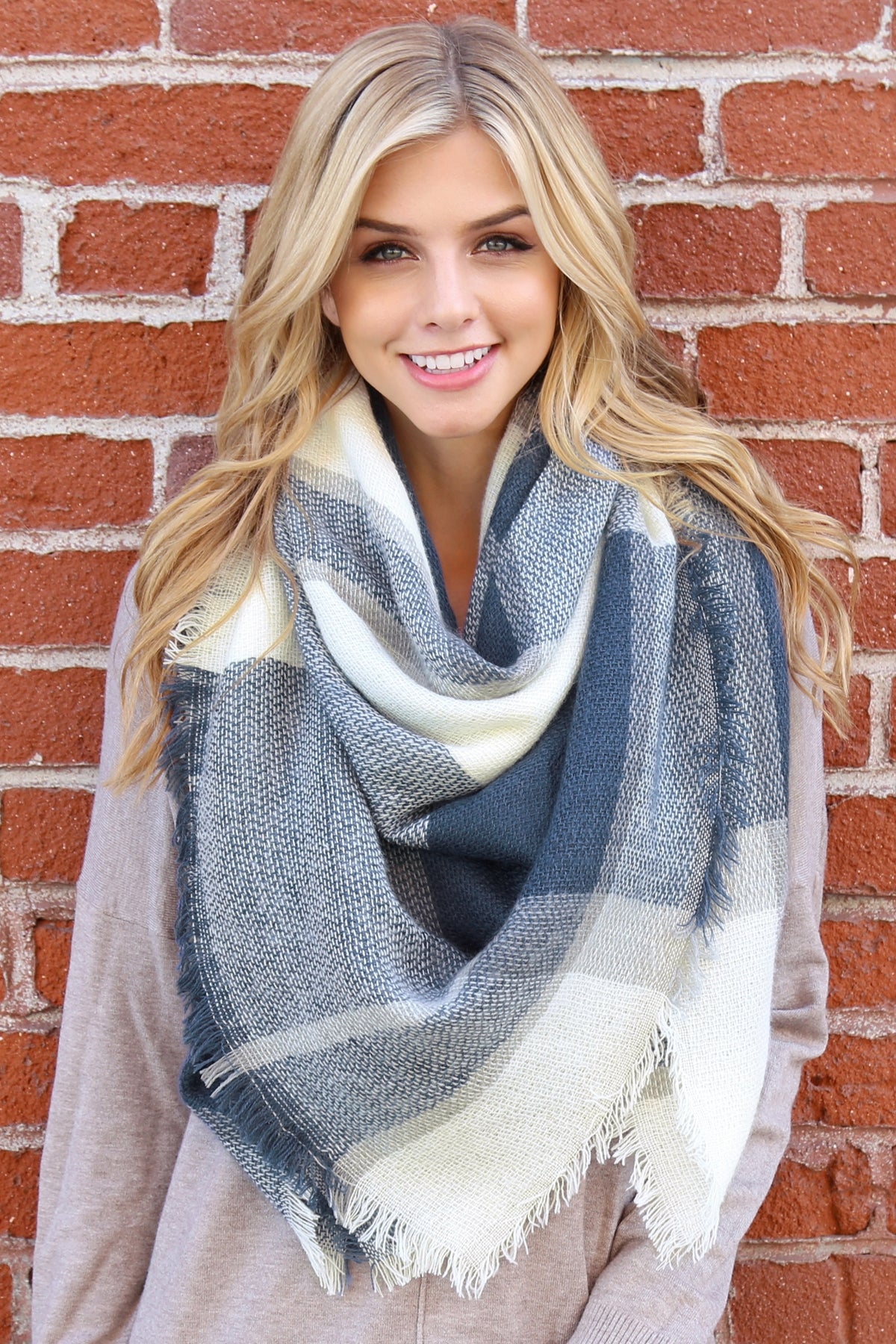 Navy Blanket Fringed Scarf