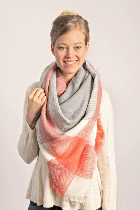 Gray Orange Blanket Fringed Scarf