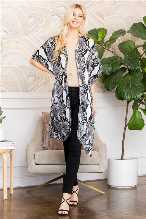 White Snake Skin Print Knee Length Open Front Kimono
