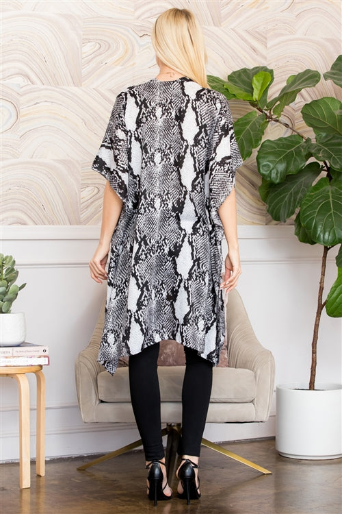 White Snake Skin Print Knee Length Open Front Kimono