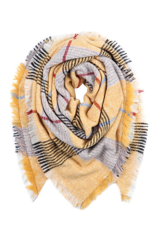 Mustard Gray Multi Color Blanket Fringed Scarf