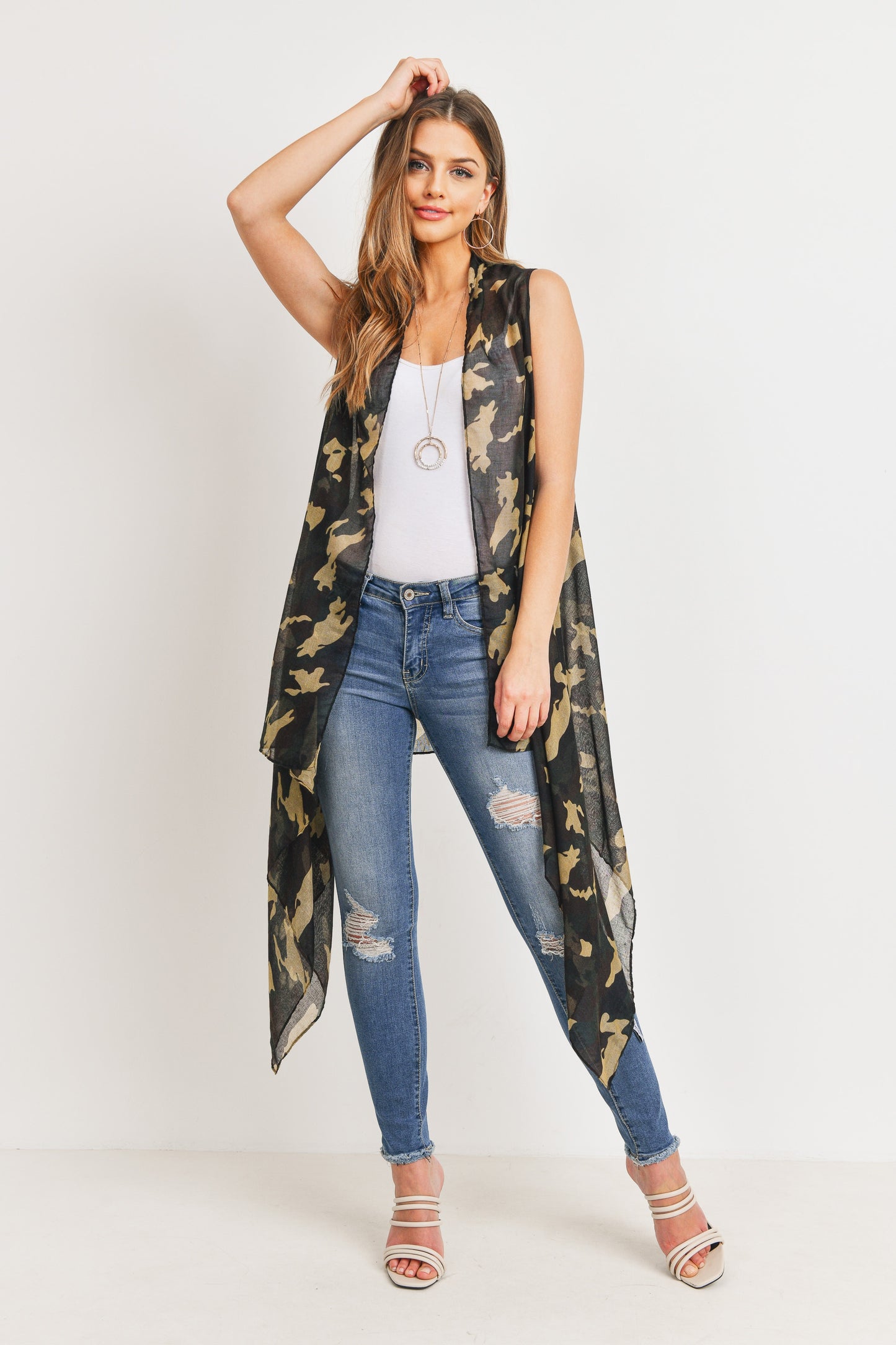 Camouflage Print Open Kimono