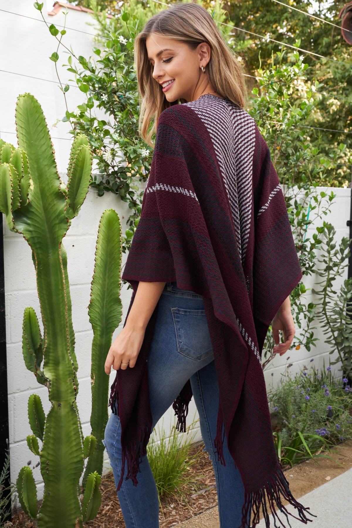 Pattern Stripe Knit Fringe Ruana Kimono