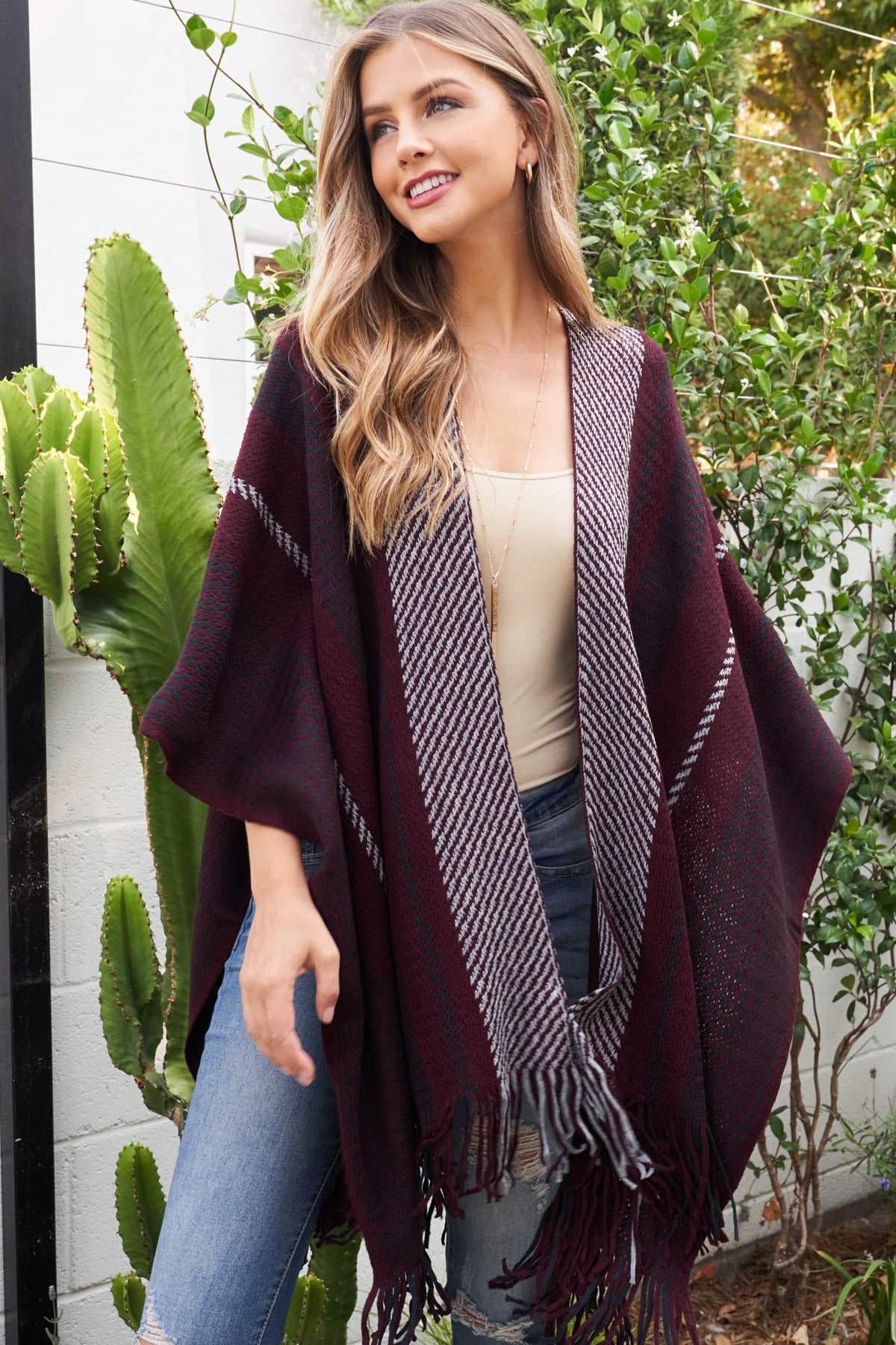 Pattern Stripe Knit Fringe Ruana Kimono