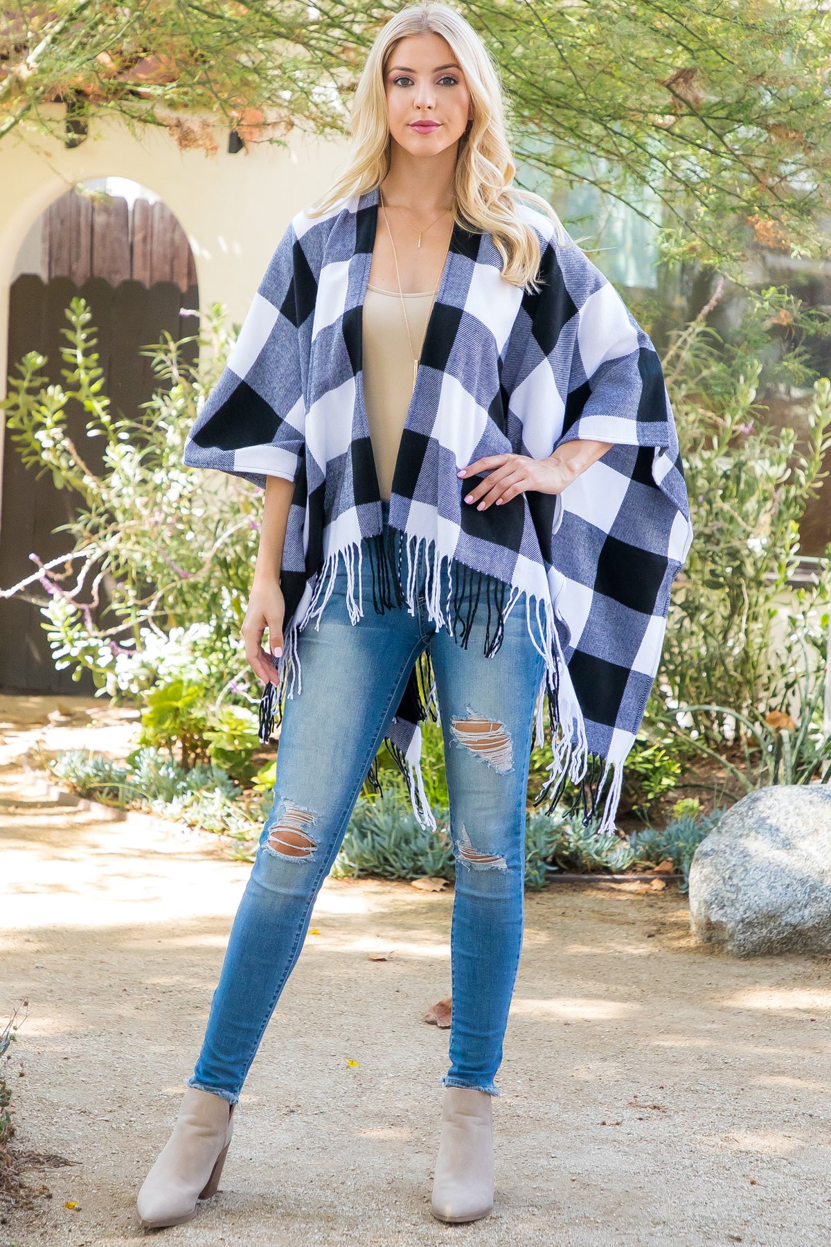 Winter Warmer Plaid Open Front Fringe Kimono