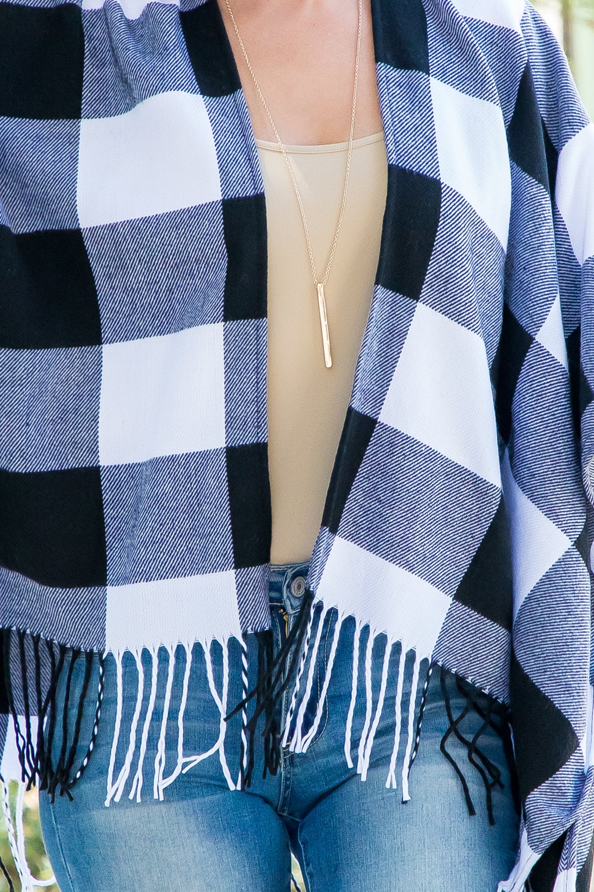 Plaid Open Front Fringe Kimono