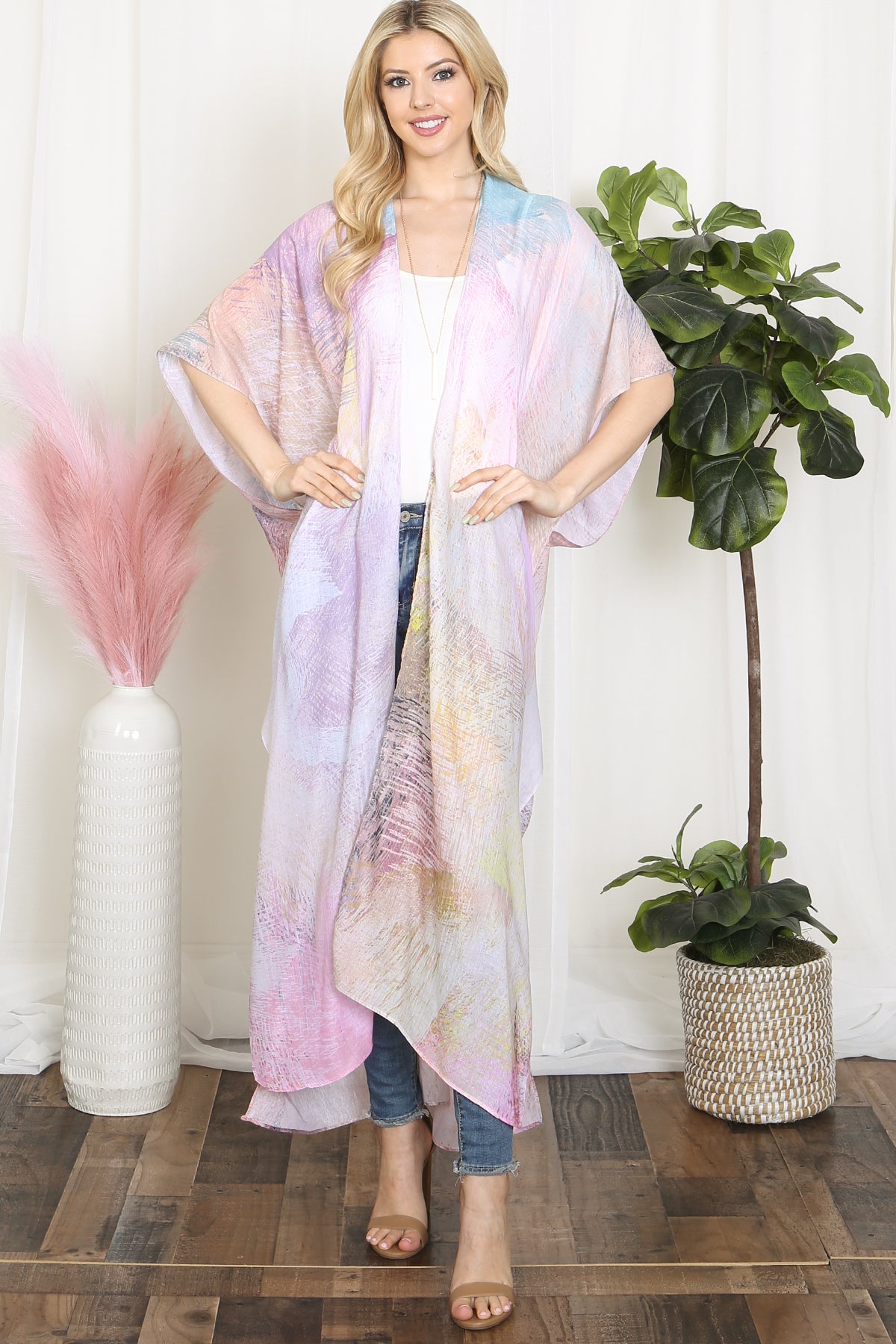 Tie Dye Multicolor Splatter Line Print Open Front Long Kimono