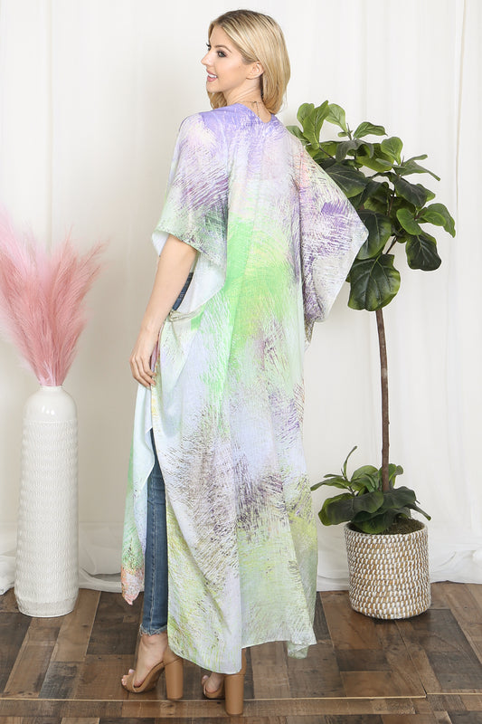 Tie Dye Multicolor Splatter Line Print Open Front Long Kimono