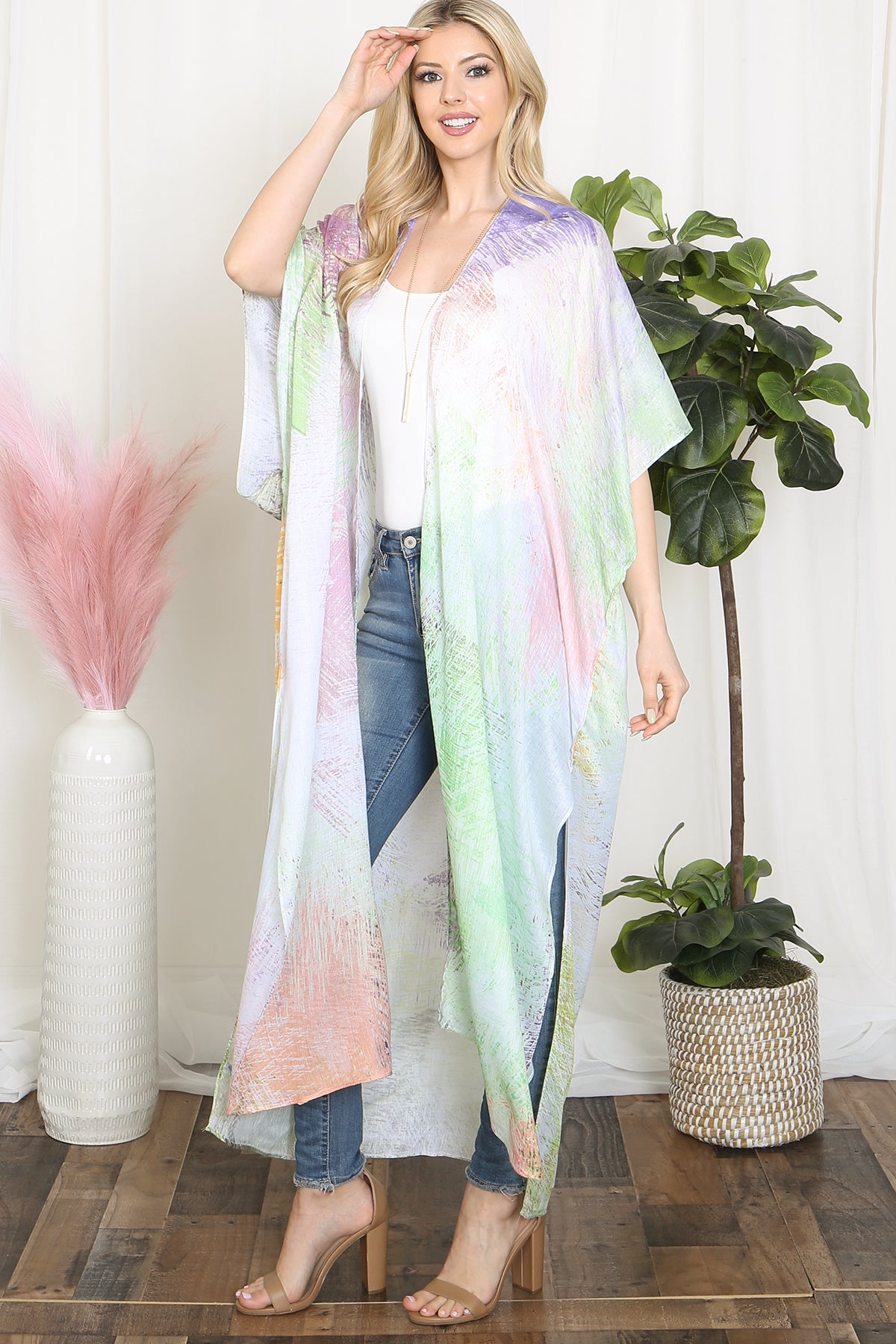 Tie Dye Multicolor Splatter Line Print Open Front Long Kimono