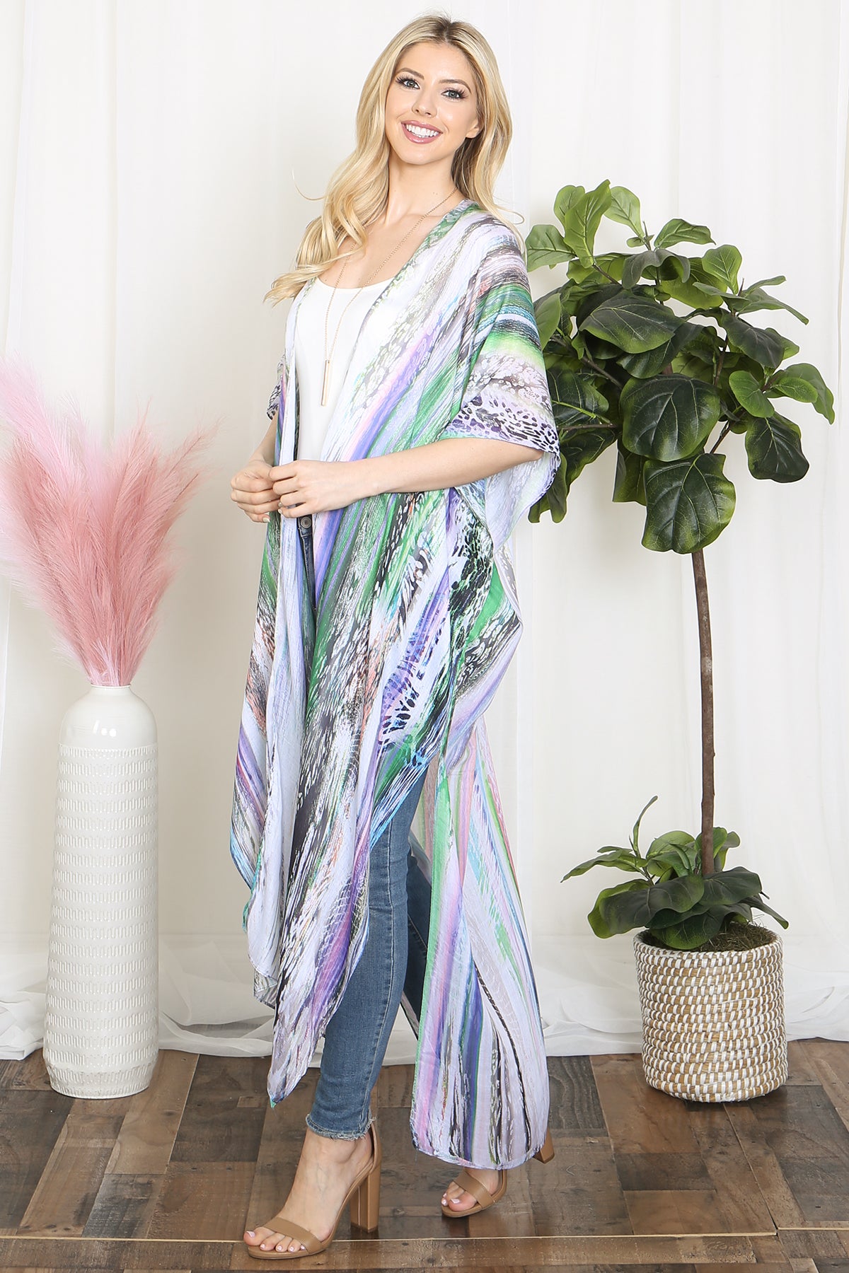 Grain Line Multicolor Print Open Front Long Kimono