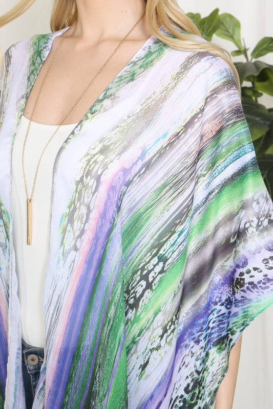 Grain Line Multicolor Print Open Front Long Kimono