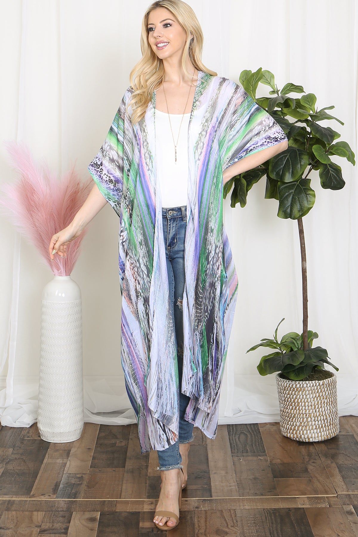 Grain Line Multicolor Print Open Front Long Kimono