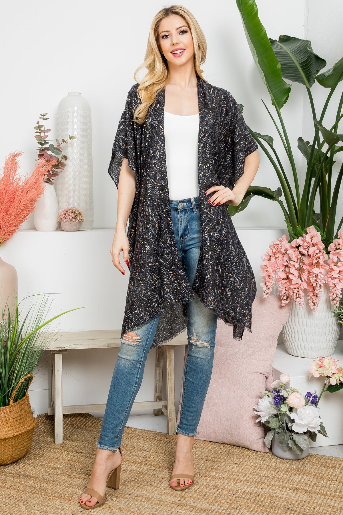 Wavy Print Open Front Kimono