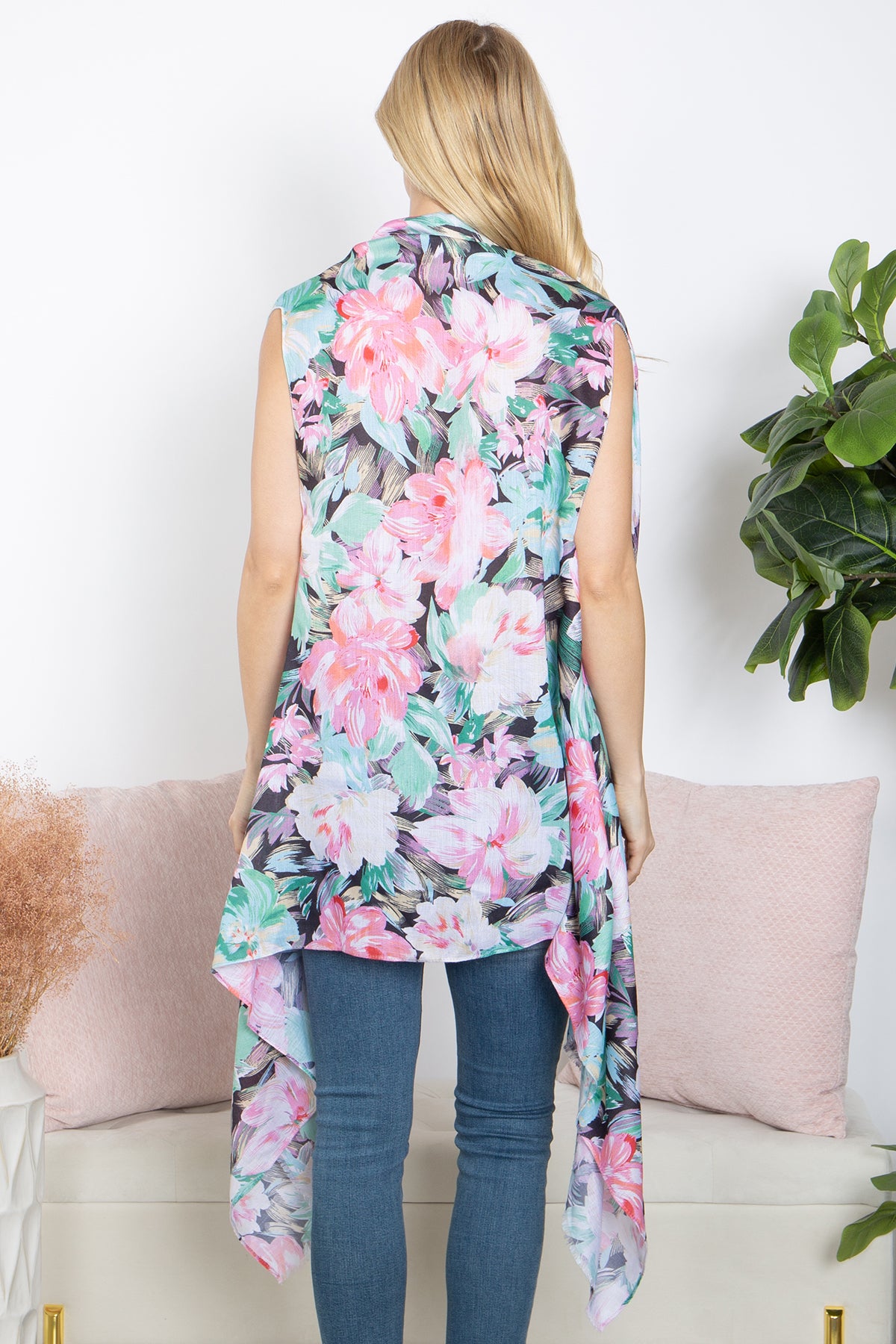 Women's Flower Print Open Front Kimono Vest For Summer
