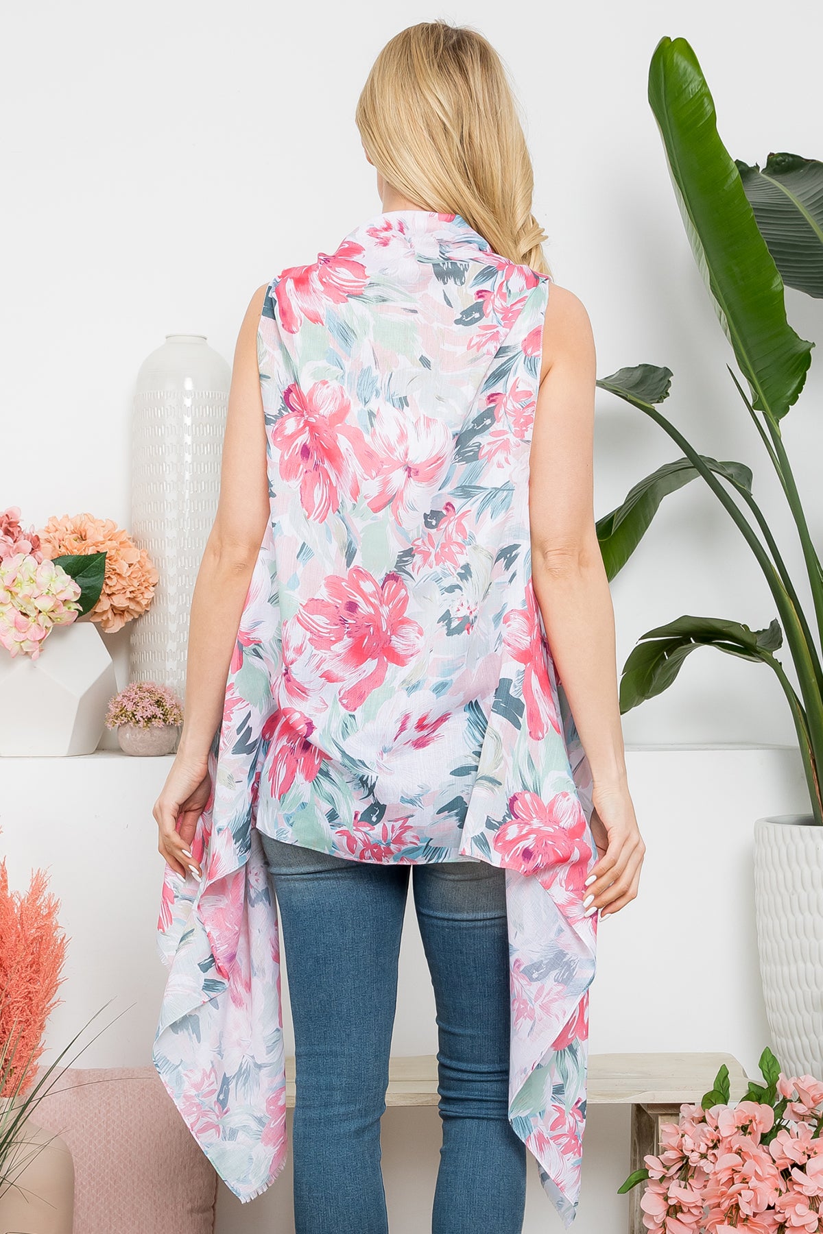 Women's Flower Print Open Front Kimono Vest For Summer