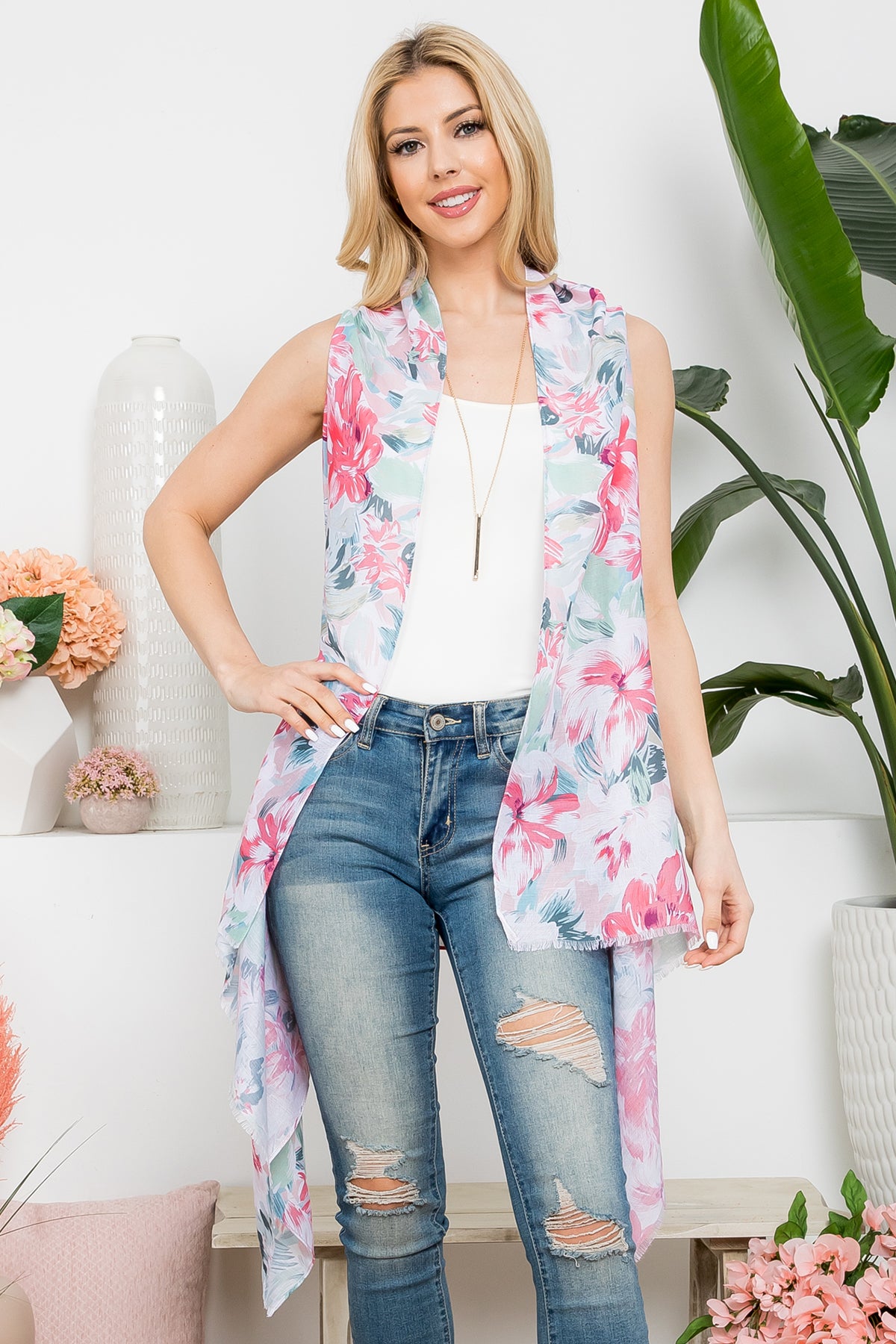 Women's Flower Print Open Front Kimono Vest For Summer