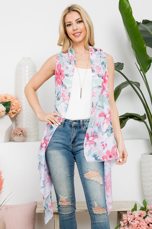 Women's Flower Print Open Front Kimono Vest For Summer