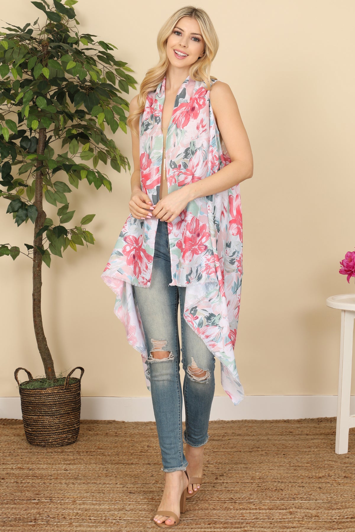 Women's Flower Print Open Front Kimono Vest For Summer