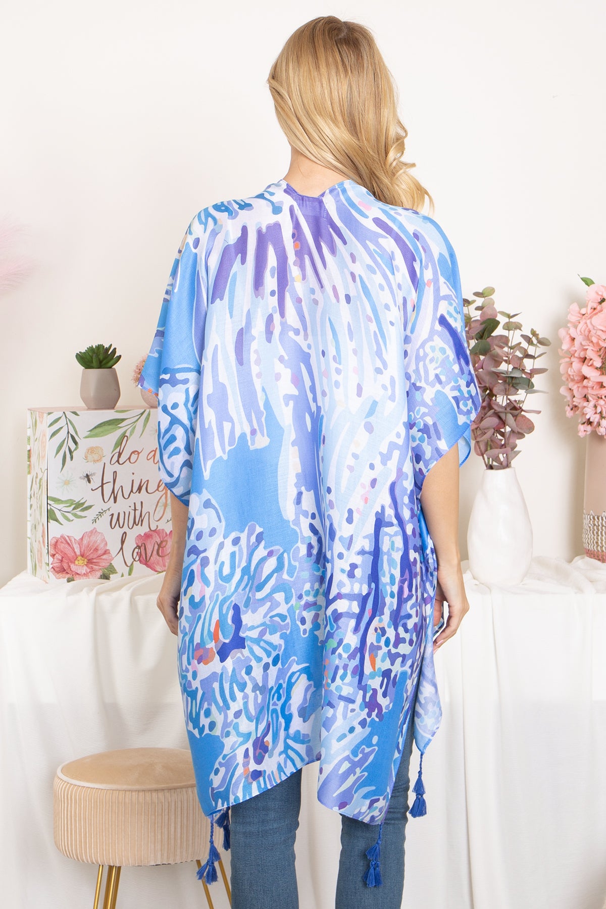 Abstract Tropical Print Tassel Open Front Kimono