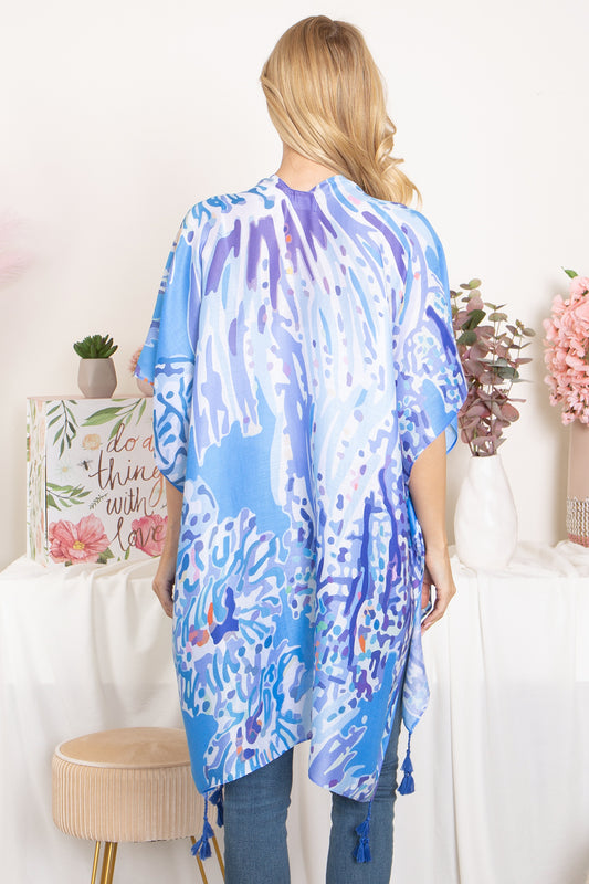 Abstract Tropical Print Tassel Open Front Kimono