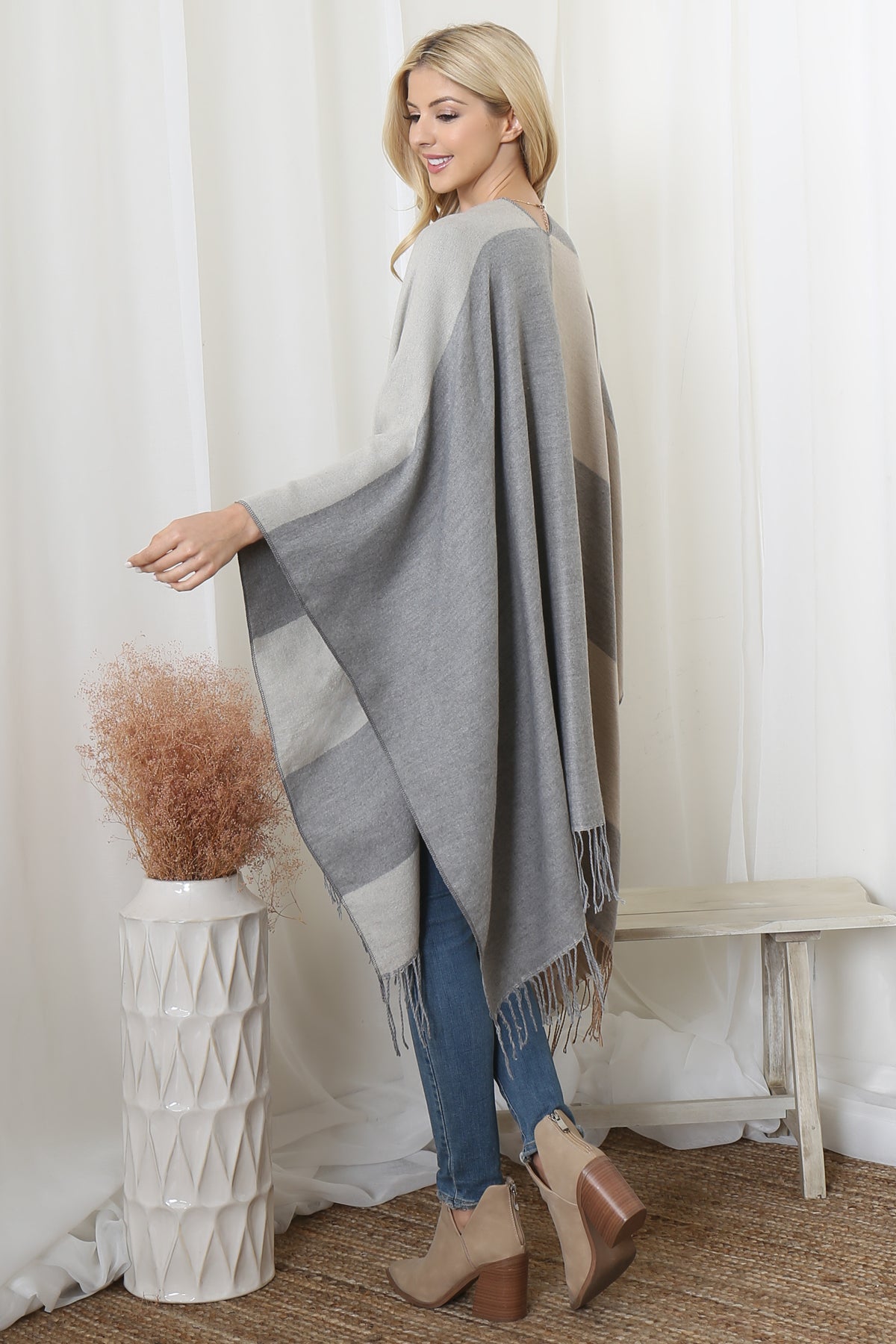 Stripes Print Fringe Open Front Kimono
