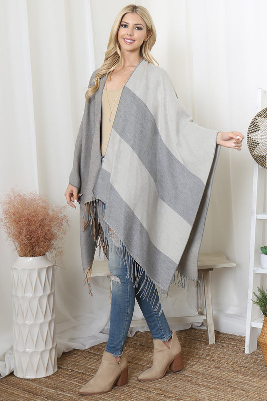Stripes Print Fringe Open Front Kimono