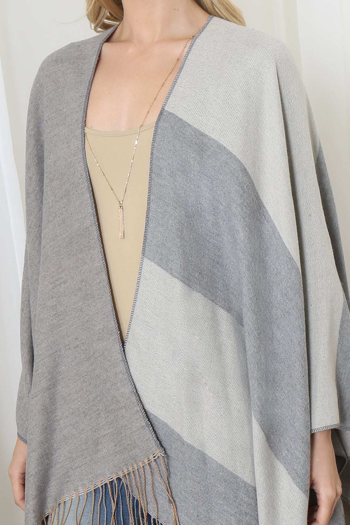 Stripes Print Fringe Open Front Kimono
