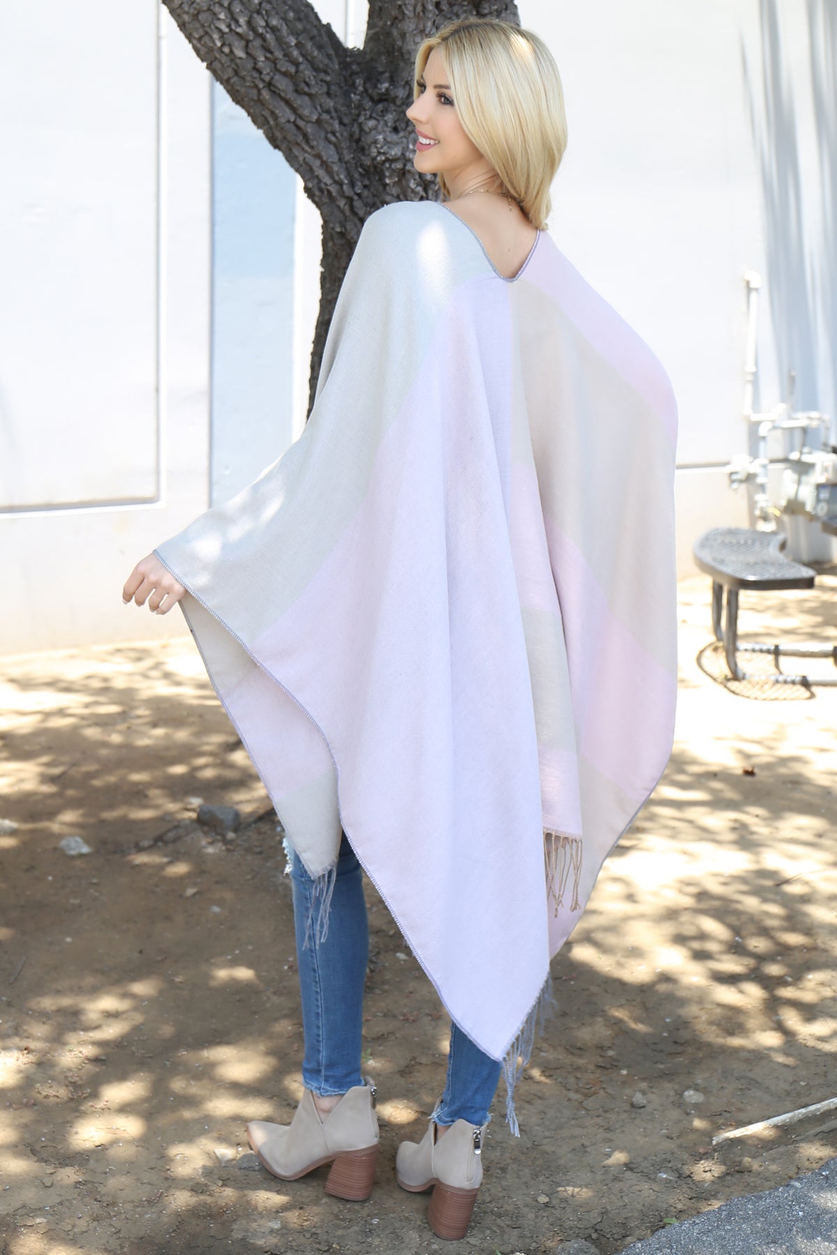 Stripes Print Fringe Open Front Kimono