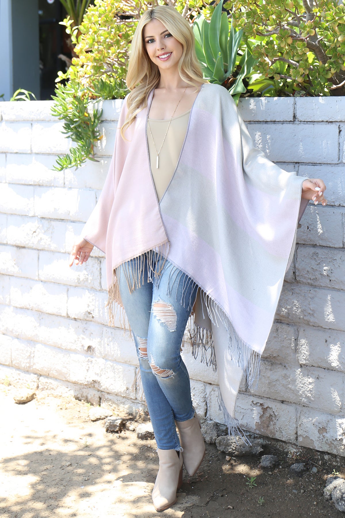 Stripes Print Fringe Open Front Kimono