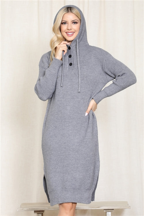 Hooded Long Sleeve Tunic Dress With Slit /1PCS