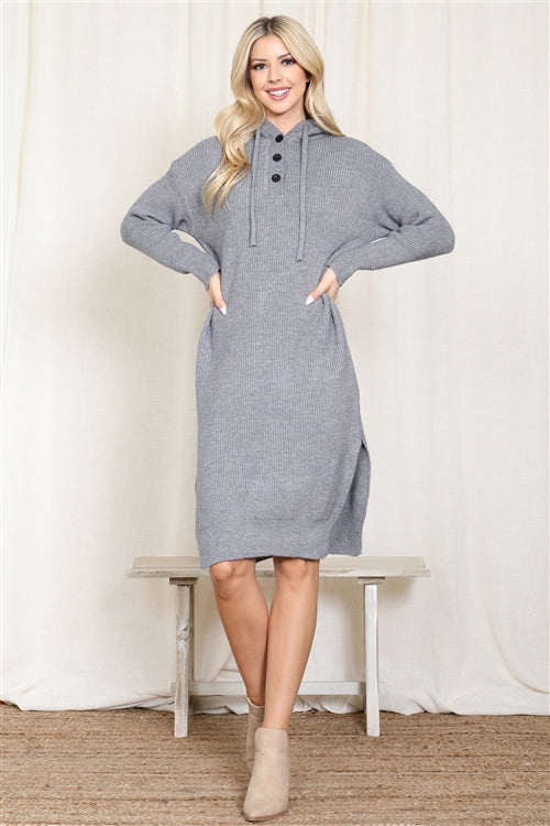 Hooded Long Sleeve Tunic Dress With Slit /1PCS