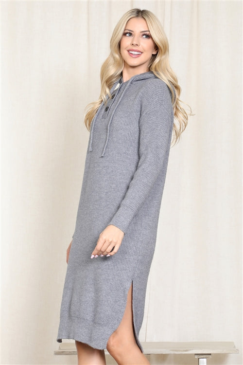 Hooded Long Sleeve Tunic Dress With Slit /1PCS