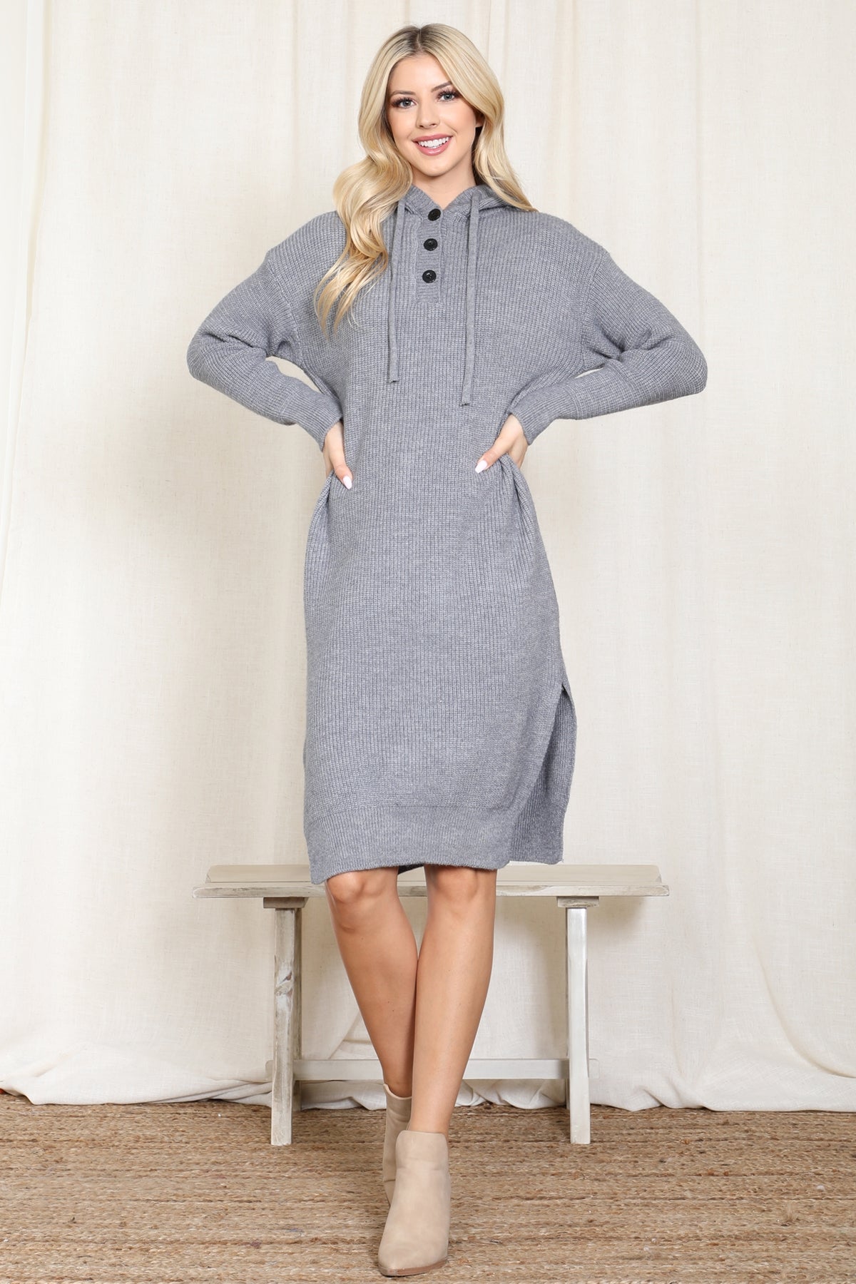 Hooded Long Sleeve Tunic Dress With Slit /6PCS