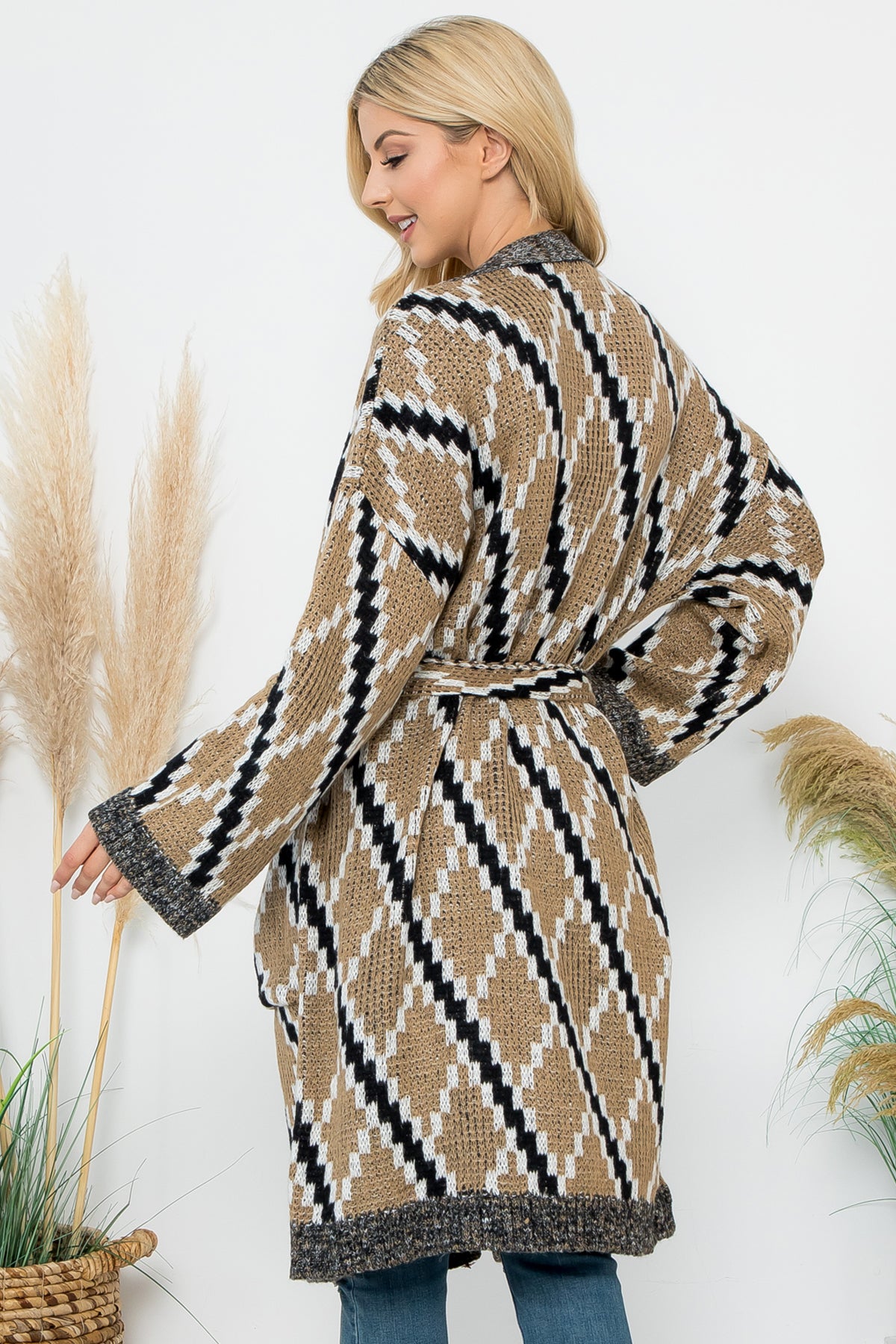 Diamond Pattern Knitted Terry Cardigan