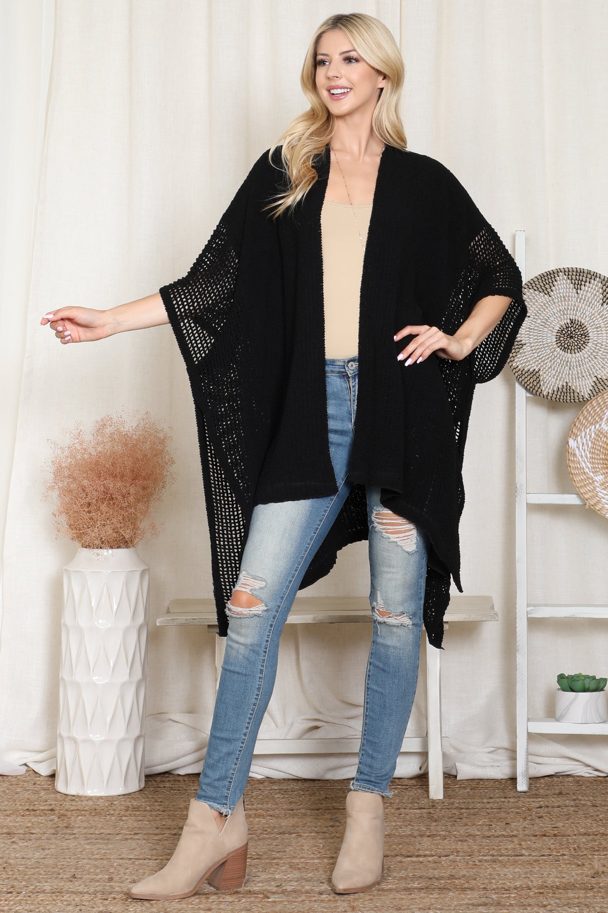 Crochet Kimono with See-Through Border Line Open Front
