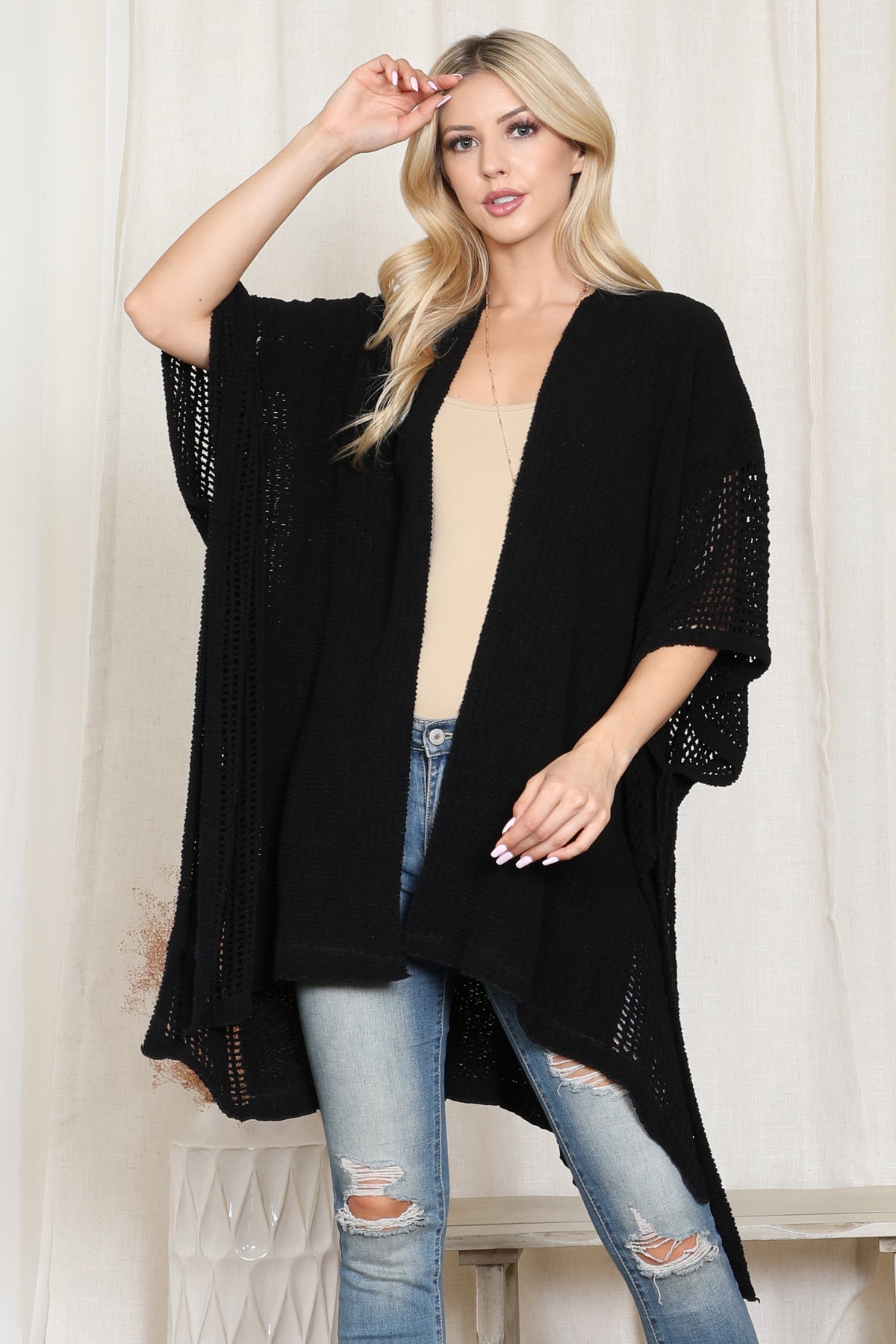 Crochet Kimono with See-Through Border Line Open Front