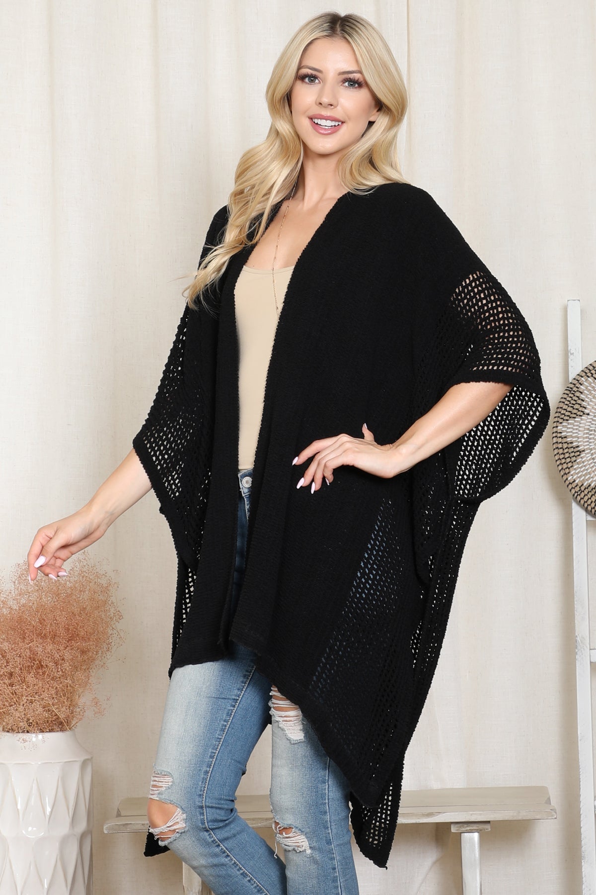 Crochet Kimono with See-Through Border Line Open Front