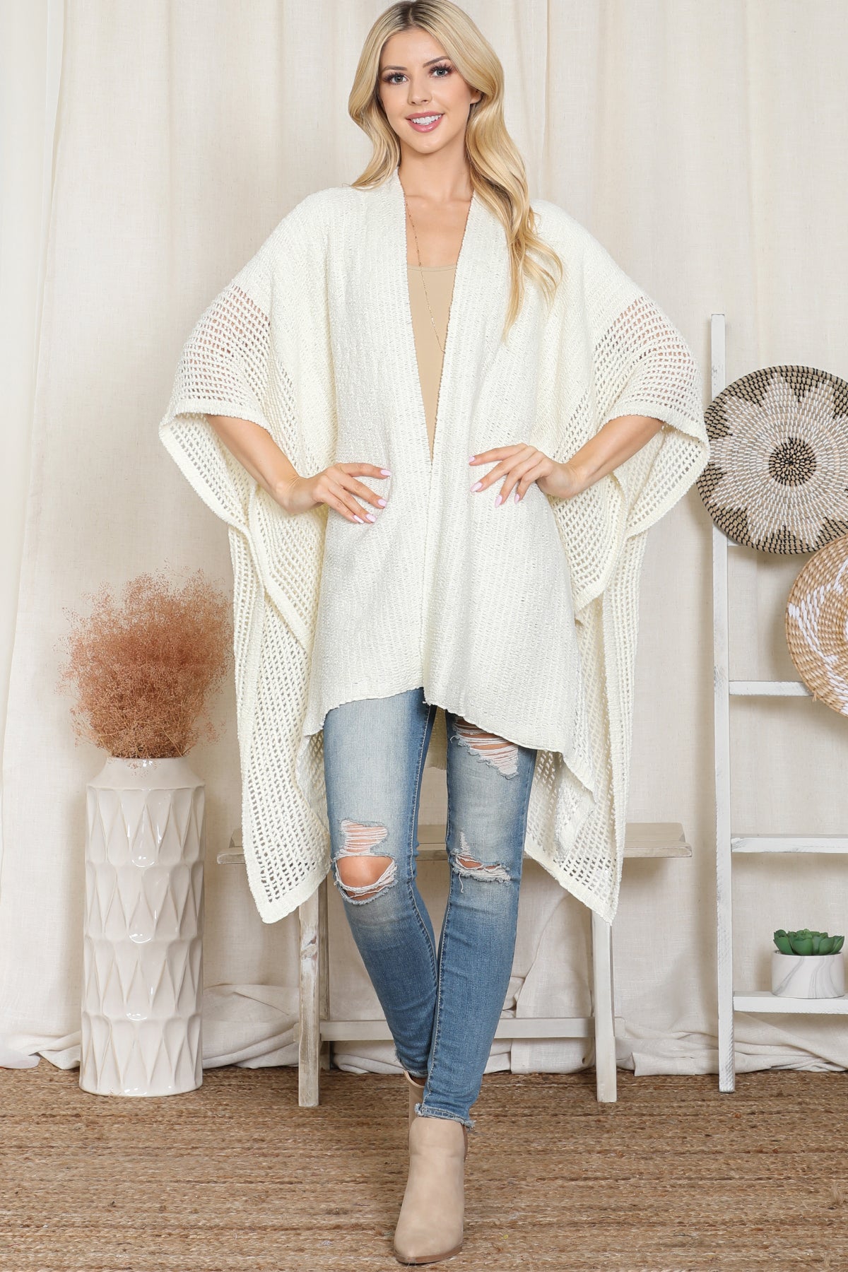 Crochet Kimono with See-Through Border Line Open Front