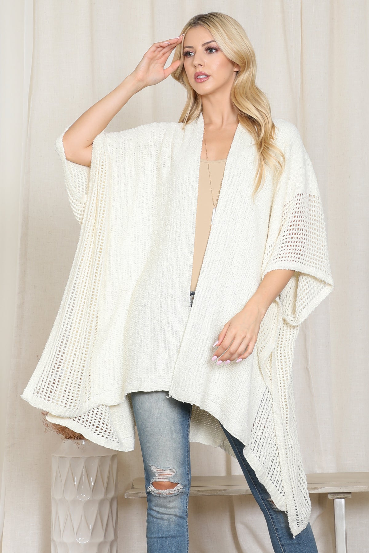 Crochet Kimono with See-Through Border Line Open Front