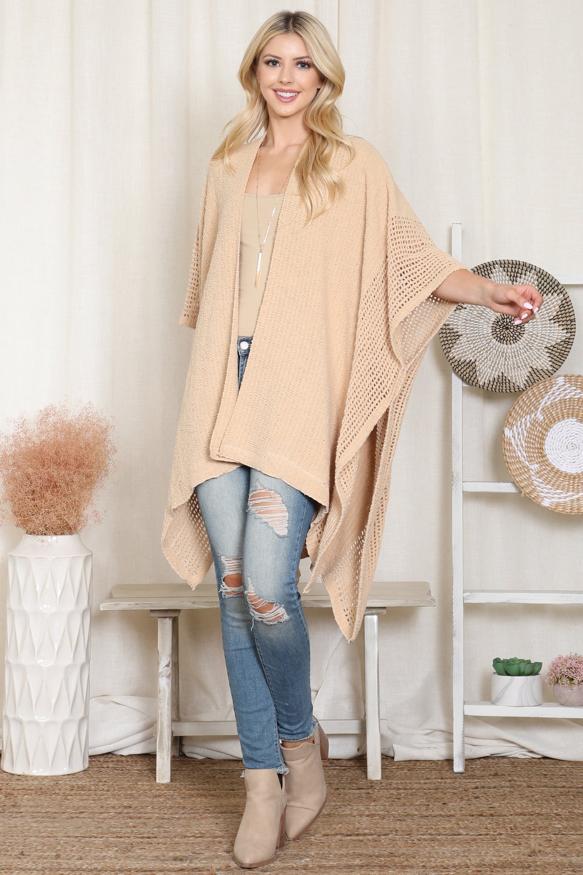 Crochet Kimono with See-Through Border Line Open Front