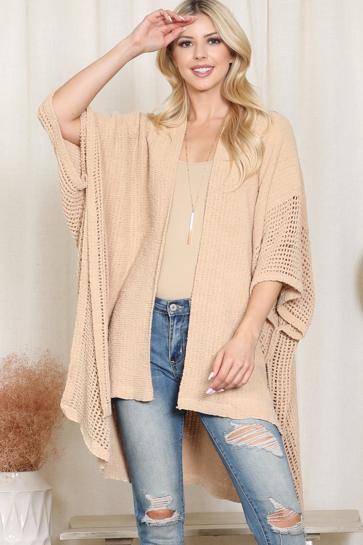 Crochet Kimono with See-Through Border Line Open Front