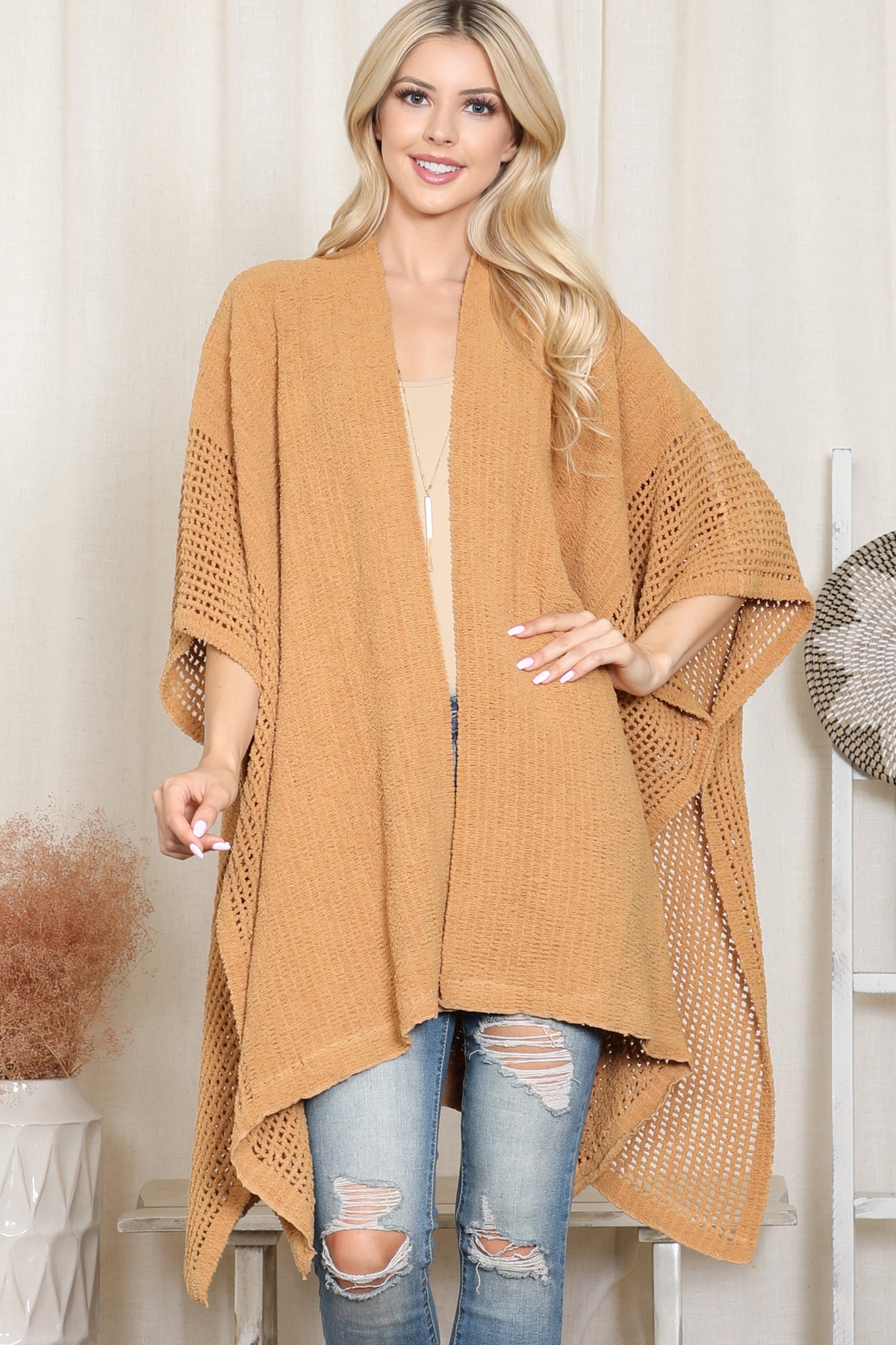 Crochet Kimono with See-Through Border Line Open Front
