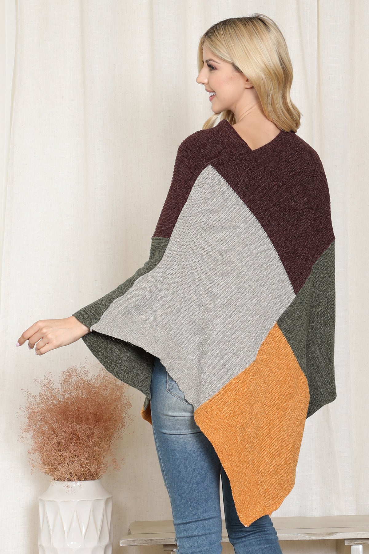 Knitted Geometric Square Multicolor Poncho